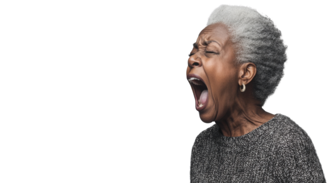 Senior woman shouting with transparent background: expressing fury and emotion