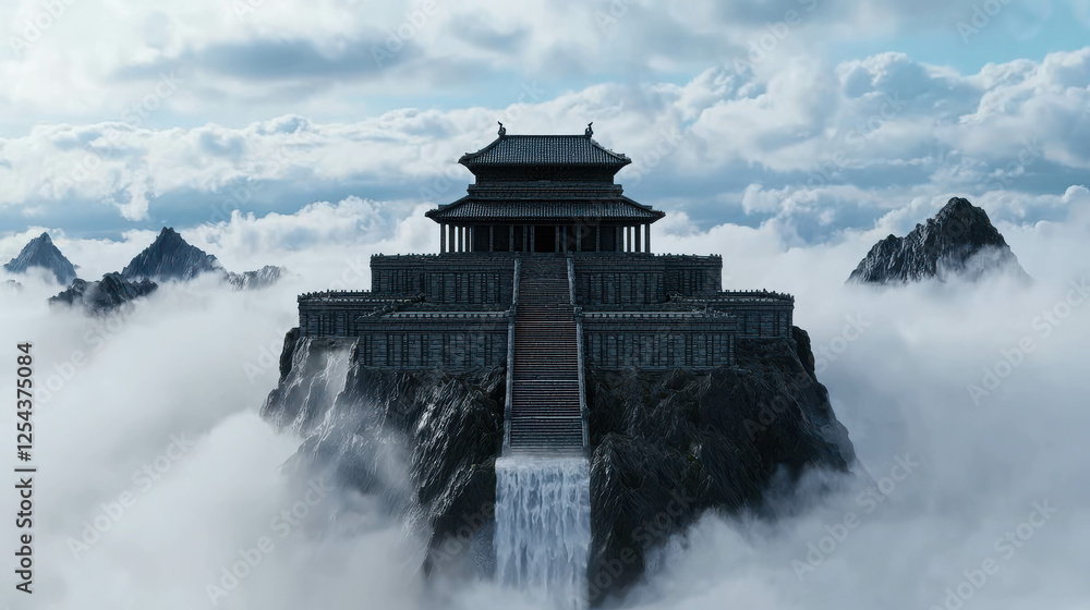 Poster ancient temple resting on a floating island above a sea of clouds
