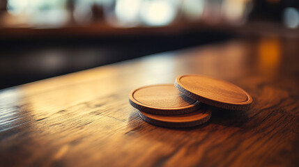 Obraz premium Wooden Coasters on Rustic Tabletop Brown Warm Natural Design bar life home drink round still decor 