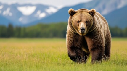 Fototapeta premium 4.A North American brown bear walking confidently in a grassy field, with the blurred silhouette of mountains and the soft blue sky as a backdrop. The bearâ€™s posture is proud, and it looks directly