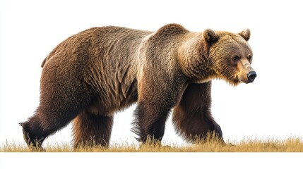 Fototapeta premium 5.A close-up of a North American brown bear walking through a meadow, its fur catching the light as it moves through the grass. The background of distant mountains and sky is softly blurred, drawing