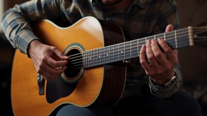 Obraz premium Close-Up of a Musician Playing Acoustic Guitar with Passion