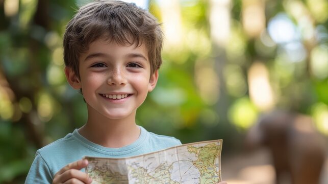 A young boy enjoying his visit to the zoo while looking at his map excitedly in front of animals