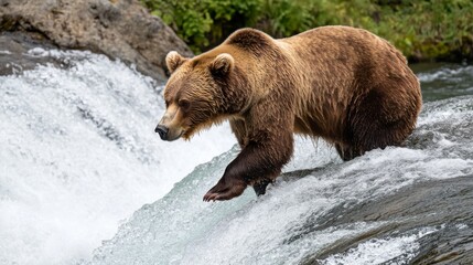 Fototapeta premium 42.A powerful adult brown bear at Brooks Falls, fishing for salmon in the cool Alaskan waters. The bear is caught mid-motion, paws extended in anticipation of the next leap of a salmon. The lush
