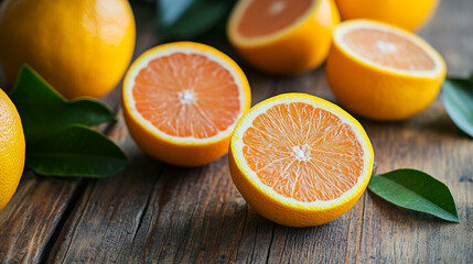 Fototapeta premium Juicy Orange Slices on Rustic Wooden Table Background Fresh Citrus Fruits Healthy Food Photography 