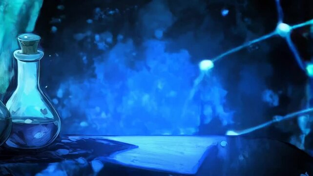 Dark lab, glowing potion bottles, molecule background, science fantasy concept art