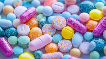Array of Bright and Colorful Pills and Tablets in Various Shapes and Colors on White Background