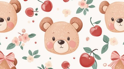 99.A seamless pattern featuring playful brown bear heads with pastel bows and cherries, arranged in a repeating pattern. The cute bearsâ€™ faces are filled with charm, surrounded by stylized cherries,