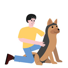 Man is training a dog. Petting, calming, taming the dog. Flat vector illustration isolated on white background