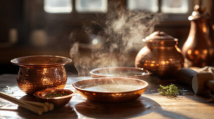 Copper Cookware with Steaming Food in Rustic Kitchen Setting
