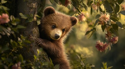 Obraz premium 54.A sweet brown bear cub, its fur soft and fluffy, cuddles up to a tree in a blossoming spring forest. The cubâ€™s expression is one of contentment as it stands surrounded by lush green leaves and