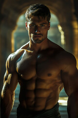 Fototapeta premium Photo of a shirtless muscular man standing under dim lighting in a dark ancient building.