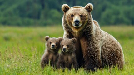 Obraz premium 20.A tender moment between a protective female brown bear and her two cubs, surrounded by a lush green meadow. The mother bear stands tall and strong, with her cubs nestled closely at her side. The