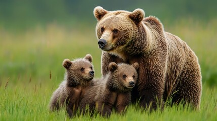 Obraz premium 20.A tender moment between a protective female brown bear and her two cubs, surrounded by a lush green meadow. The mother bear stands tall and strong, with her cubs nestled closely at her side. The