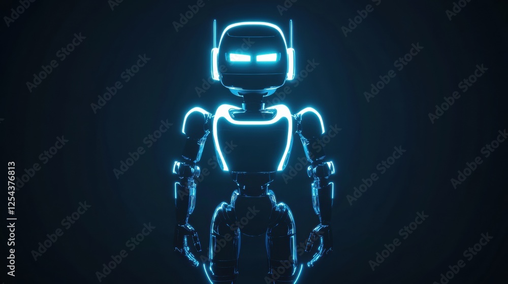 Aufkleber Glowing humanoid robot stands centered in a dark environment highlighting its minimalistic design. Generative AI