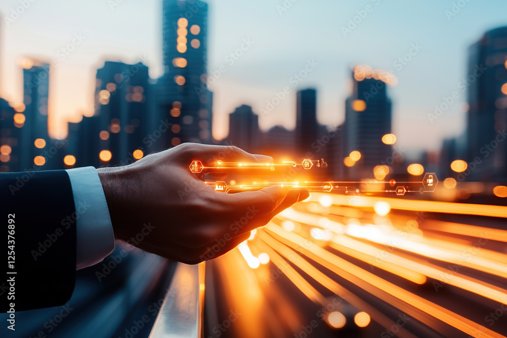 Aufkleber hand holding digital interface with glowing lines and cityscape background, symbolizing advanced tec