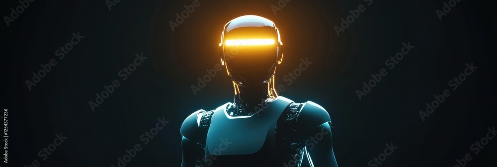 Aufkleber Glowing humanoid robot stands in dark space with illuminated head feature and minimalist design. Generative AI