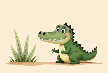 Obraz premium Neutral Crocodile Watercolor Illustration - Cute, Happy, and Minimalistic Design for Children's Books, Pale Beige Background, Whimsical and Charming Style.