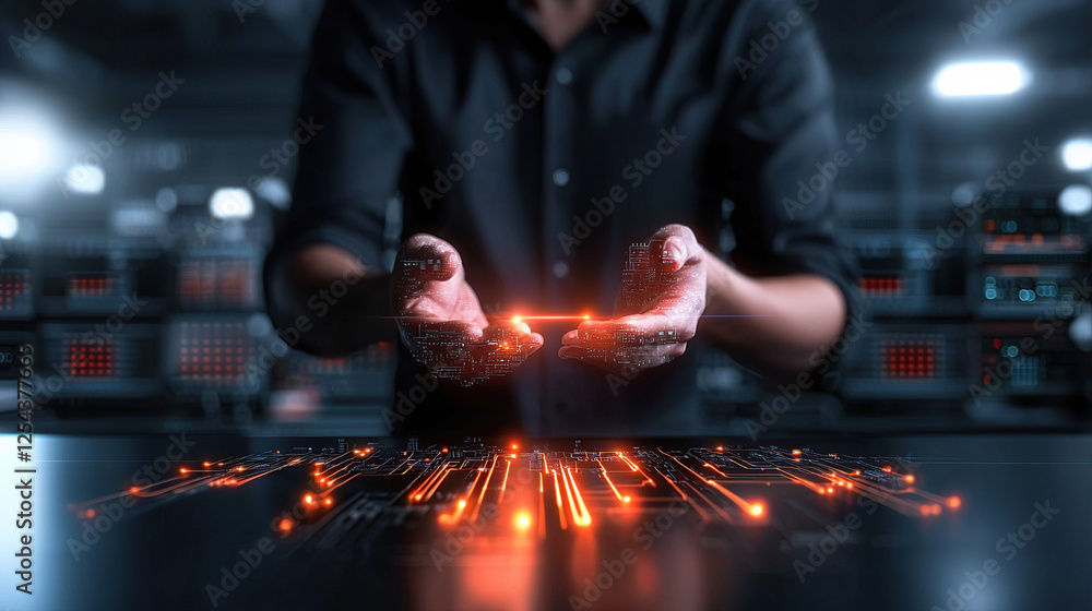 Poster person in dark room interacts with glowing digital data streams, symbolizing advanced technology and