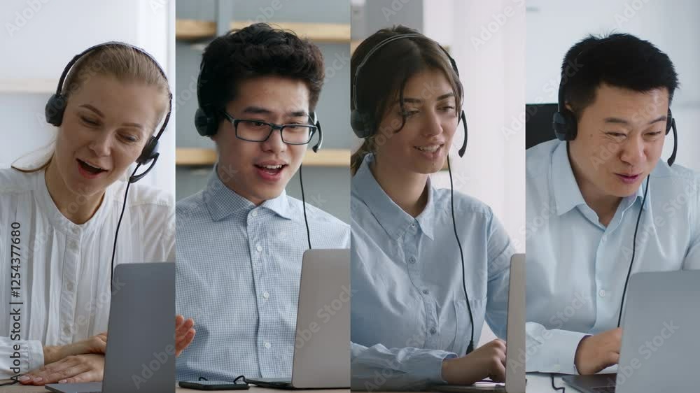 Poster A diverse group of four young professionals participate in an online meeting within a sleek office space, using headsets and laptops while displaying friendly expressions.