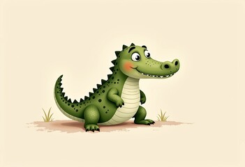 Naklejka premium Cute Happy Crocodile Watercolor Illustration - Neutral Muted Colors, Children's Book Style on Pale Beige Cream Background, Simple Minimalistic Whimsical Art.