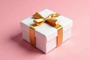 Obraz premium Elegant white gift wrapped in luxurious gold ribbon on a soft pink background, Wrap, White, Premium