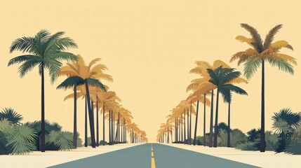Scenic Road Flanked by Palm Trees in a Serene Landscape - Pixel Art Style Perfect for Evoking Calmness and Summery Vibes in Any Design Project.