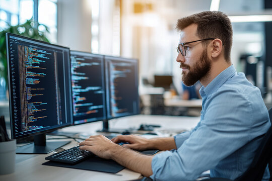 focused software developer working on code at multi monitor setup in modern office environment. scene highlights concentration and technology in professional workspace
