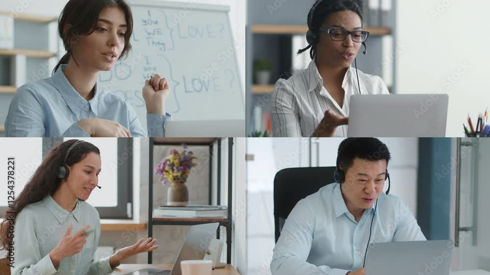 Poster four individuals participate in a virtual meeting from their respective workspaces, demonstrating co