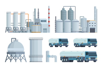 Oil refinery set or collection vector illustration. Editable chemical factory design with modular industrial elements