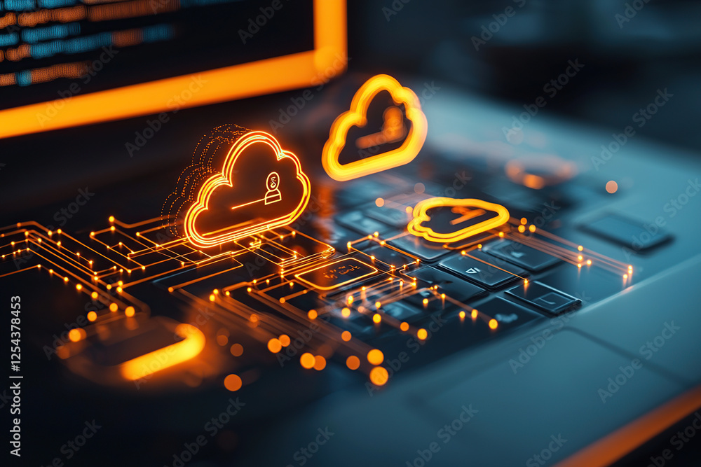 Poster glowing digital cloud icon hovers over laptop keyboard, symbolizing data storage and digital transfo