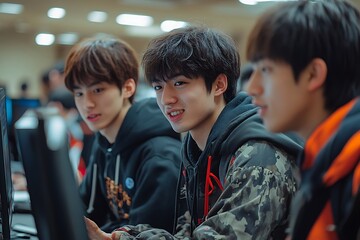 Group of young men engaged in gaming at a computer lab, focused on their screens