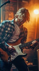Energetic young musician performs on electric guitar in a studio with dynamic lighting