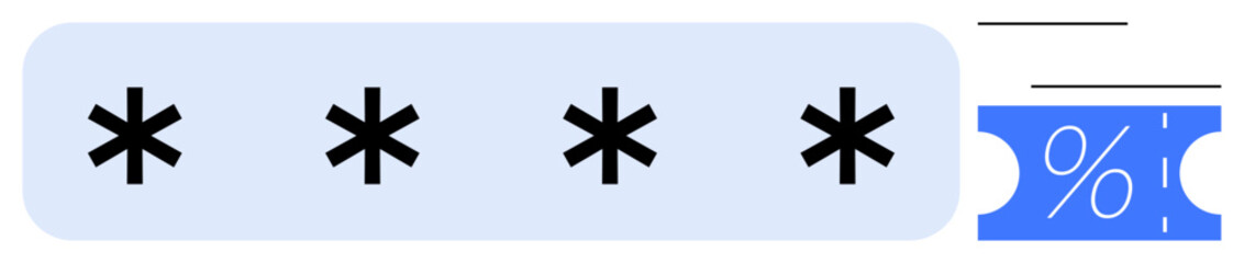 Four asterisks in a light blue box symbolizing a password entry field, adjacent to a blue discount coupon with percentage sign in white. Ideal for online security, digital privacy, promotions