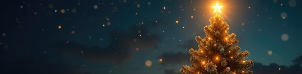 Glittering golden star atop a towering Christmas tree shines brightly in the soft light, Glow, Golden