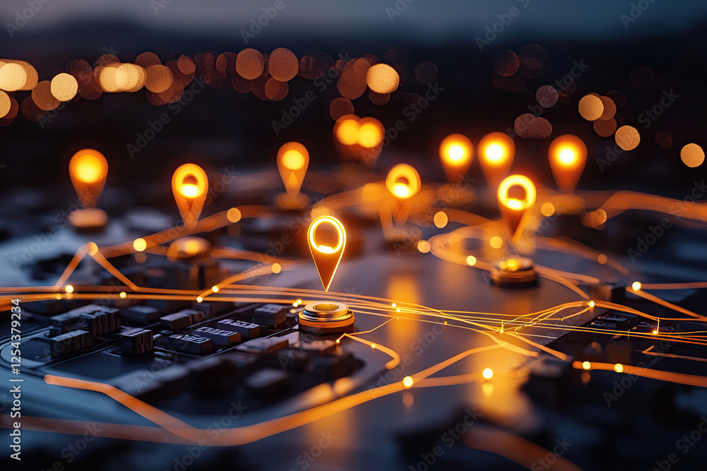 Poster network of glowing location pins connected by illuminated lines represents futuristic business envir