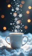 Obraz premium Glittering snowflakes fall from a chandelier above the empty white mug, white background, winter wonderland