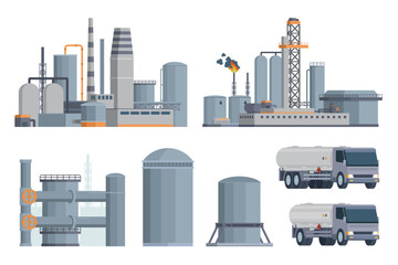 Oil refinery set or collection vector illustration. Editable chemical factory design with modular industrial elements