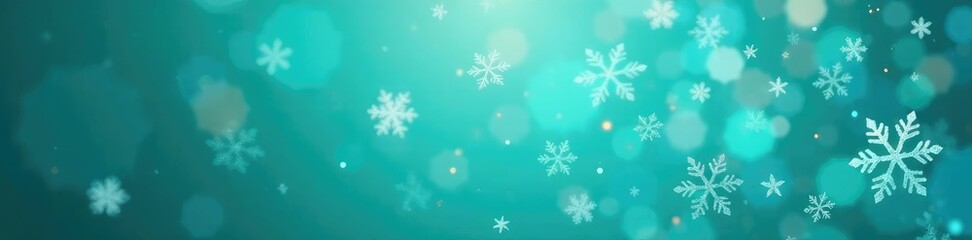 Glittering snowflakes falling gently on a teal background, soft, snowflakes