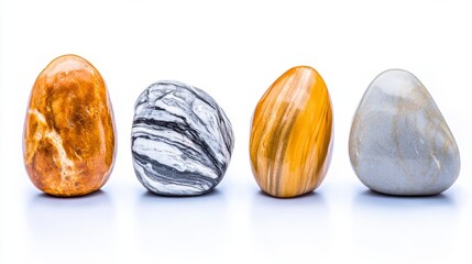 Four Polished Stones With Unique Color Patterns On White Background
