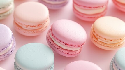 Obraz premium Pastel macarons on pink background, delicious sweet treats, food photography, bakery