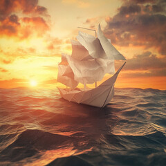 An Origami Ship Sailing on a Paper Ocean, Generative AI