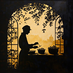 Silhouette of a Woman Preparing Food in a Vintage Kitchen Setting