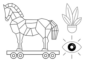 Geometric representation of a Trojan Horse on wheels, potted plant, and an eye symbol with rays. Ideal for themes thumbs up cybersecurity, vigilance, strategy, nature, monitoring, minimalism