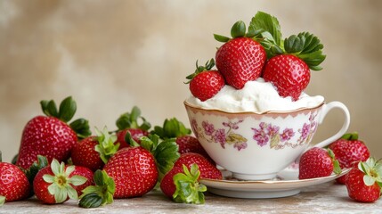 Fresh Strawberries and Whipped Cream in Vintage Teacup