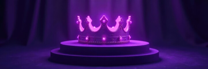 Glowing purple crown on a dark velvet pedestal, glowing, regal, purple
