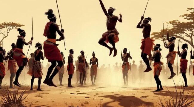 African tribal dance celebration, jumping, savannah, sunset, cultural heritage
