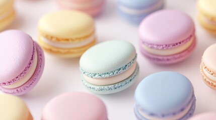 Obraz premium Pastel macarons on white background, food photography, sweet treats, dessert