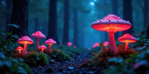 Magical forest at night with glowing mushrooms, mystique, fungus