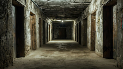 Dark Empty Underground Dungeon Hallway with Long Shadowy Corridor and Closed Doors